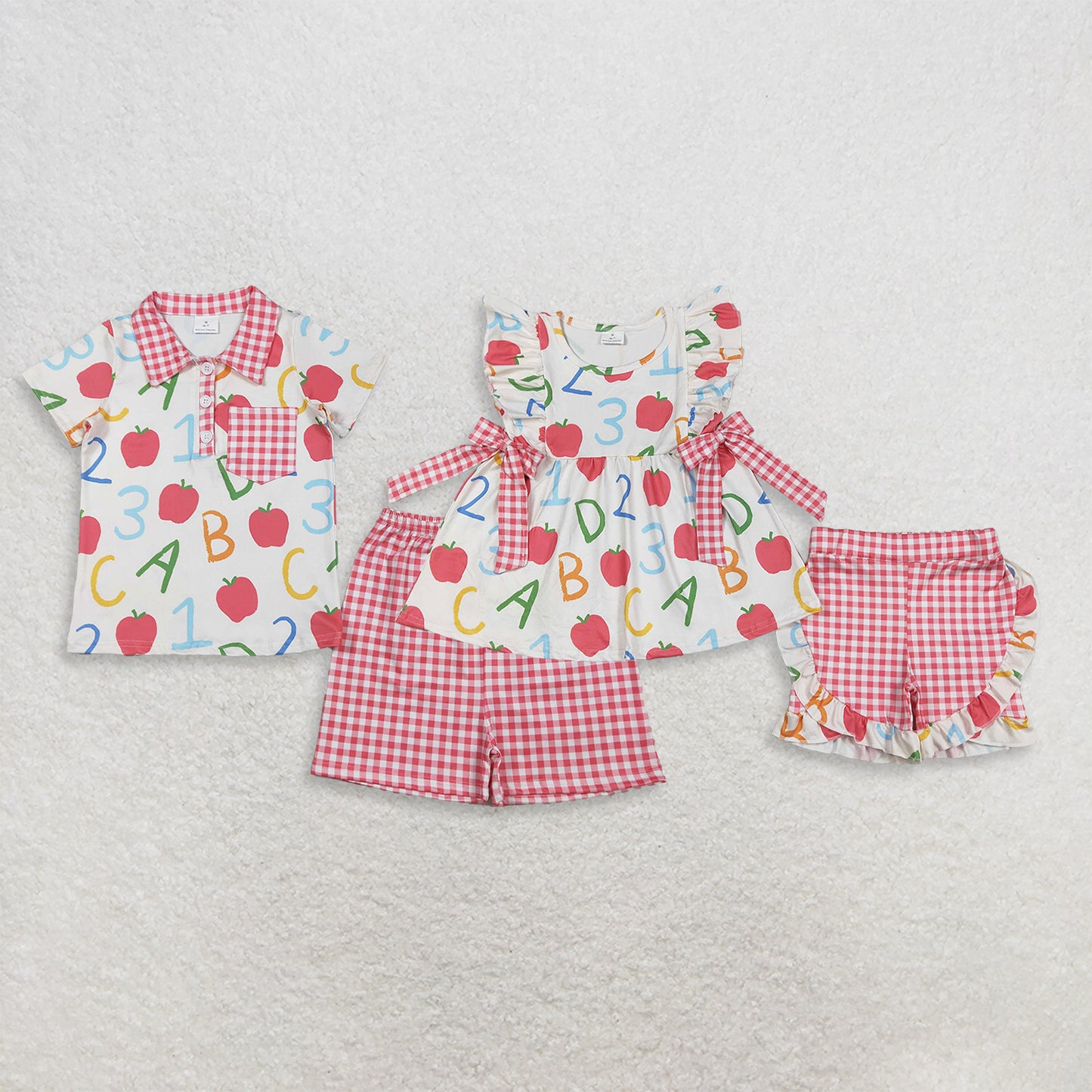 RTS NO MOQ Sibling Baby Girls Boys Apples ABC Print Top Checked Casual Shorts Set（2T-14-16T）