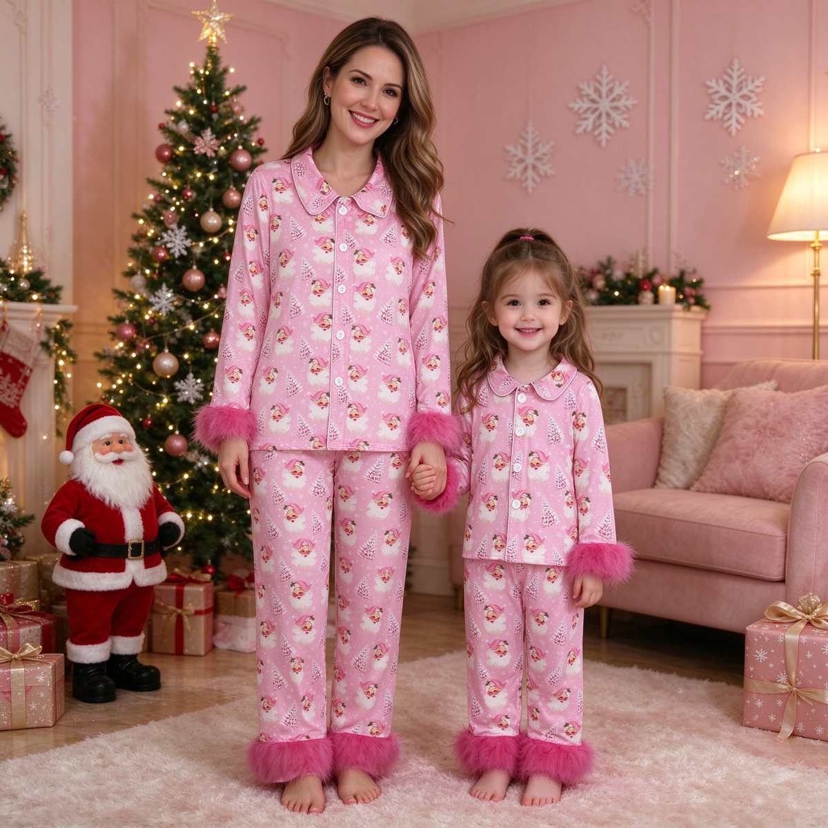 Mama and Me Pink Santa Pajama Set - Cardigan with Fur Trim
