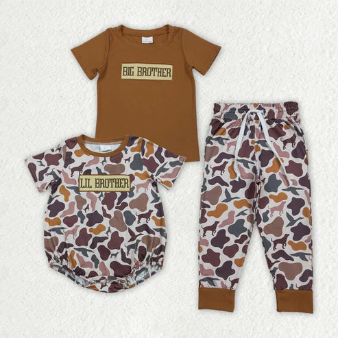 RTS NO MOQ Sibling Baby Boys Camouflage Pants And Top Set with Pockets Embroidery Big Lil Brother Hunting Theme Rompers for Kids