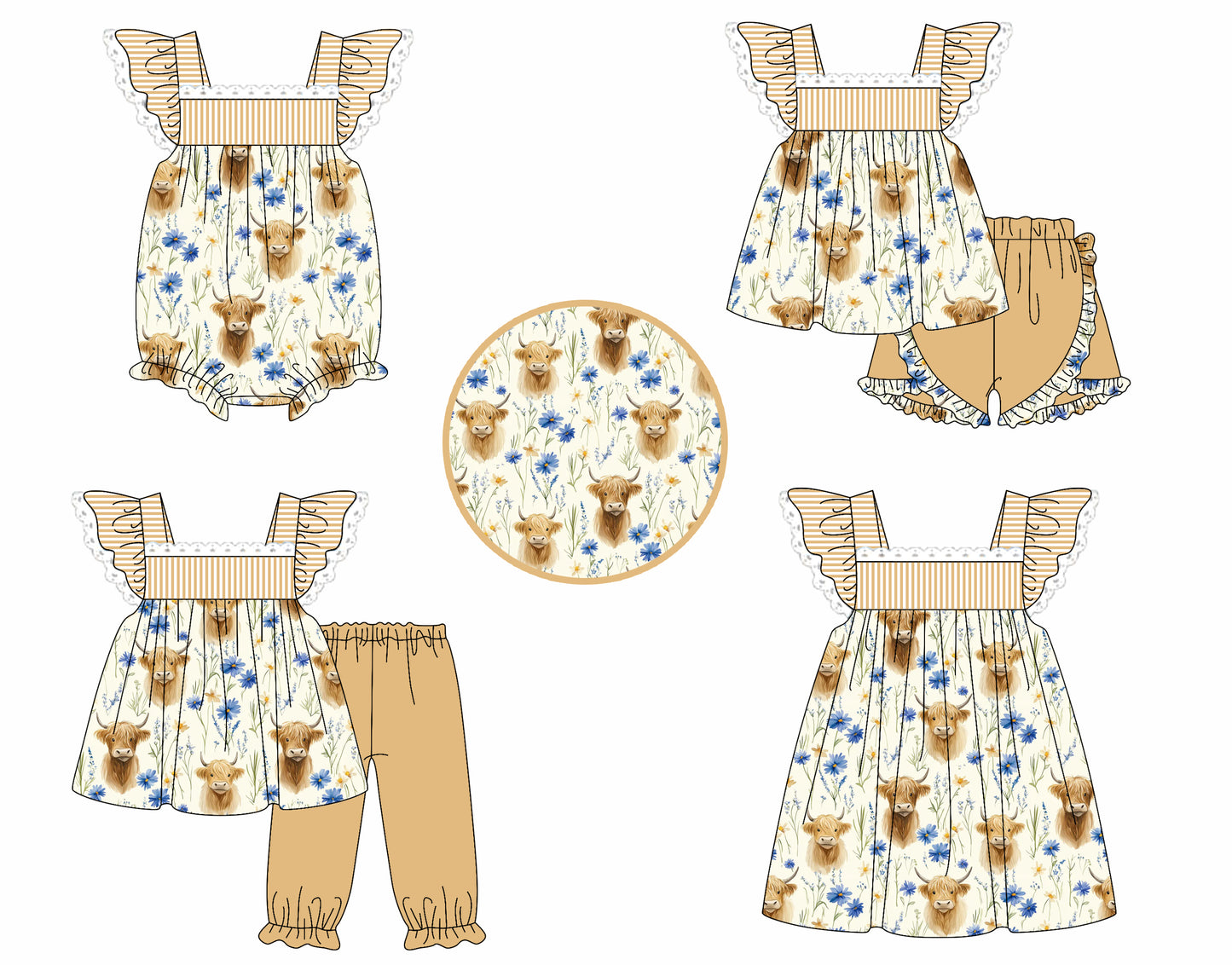 4.25 custom each style moq 5eta 4-6week Sibling Sisters alpine bull head floral baby girl short sleeve shorts sets and pants sets and dress and romper match family design