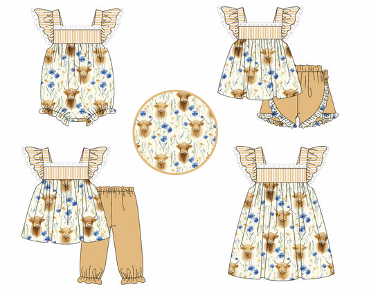 4.25 custom each style moq 5eta 4-6week Sibling Sisters alpine bull head floral baby girl short sleeve shorts sets and pants sets and dress and romper match family design