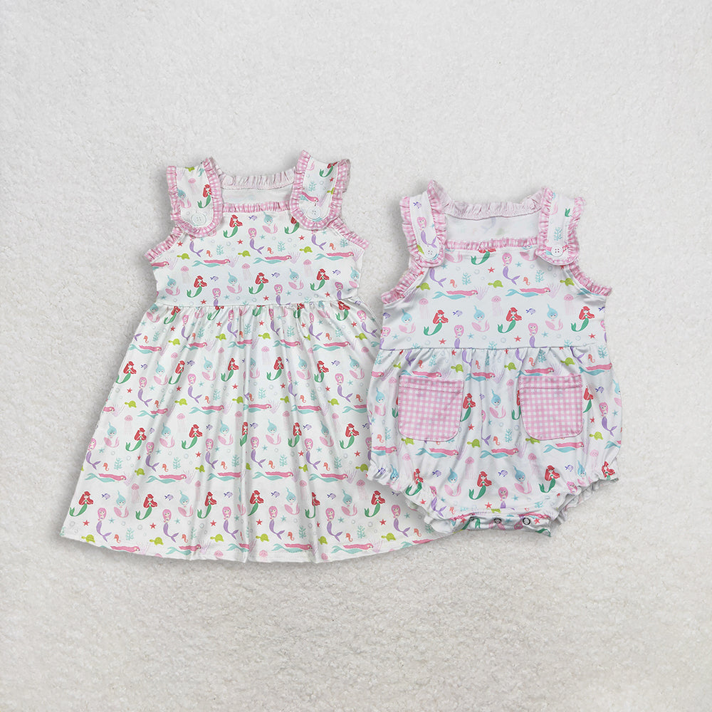 RTS NO MOQ Sibling Baby Girls White Sleeveless Knee-Length Dress Rompers Cute Outfit