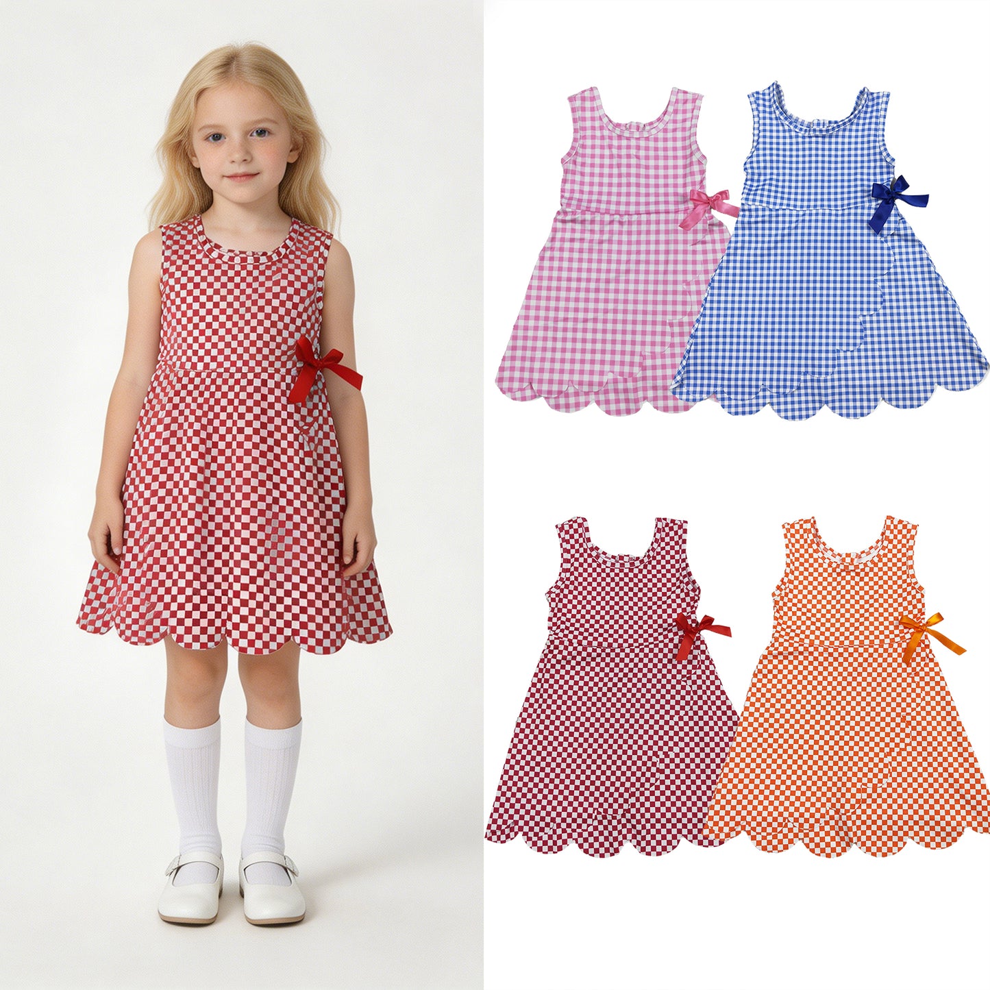 RTS NO MOQ Sibling milk silk Baby Girls Checked Scallop Shorts Knee Length Dress