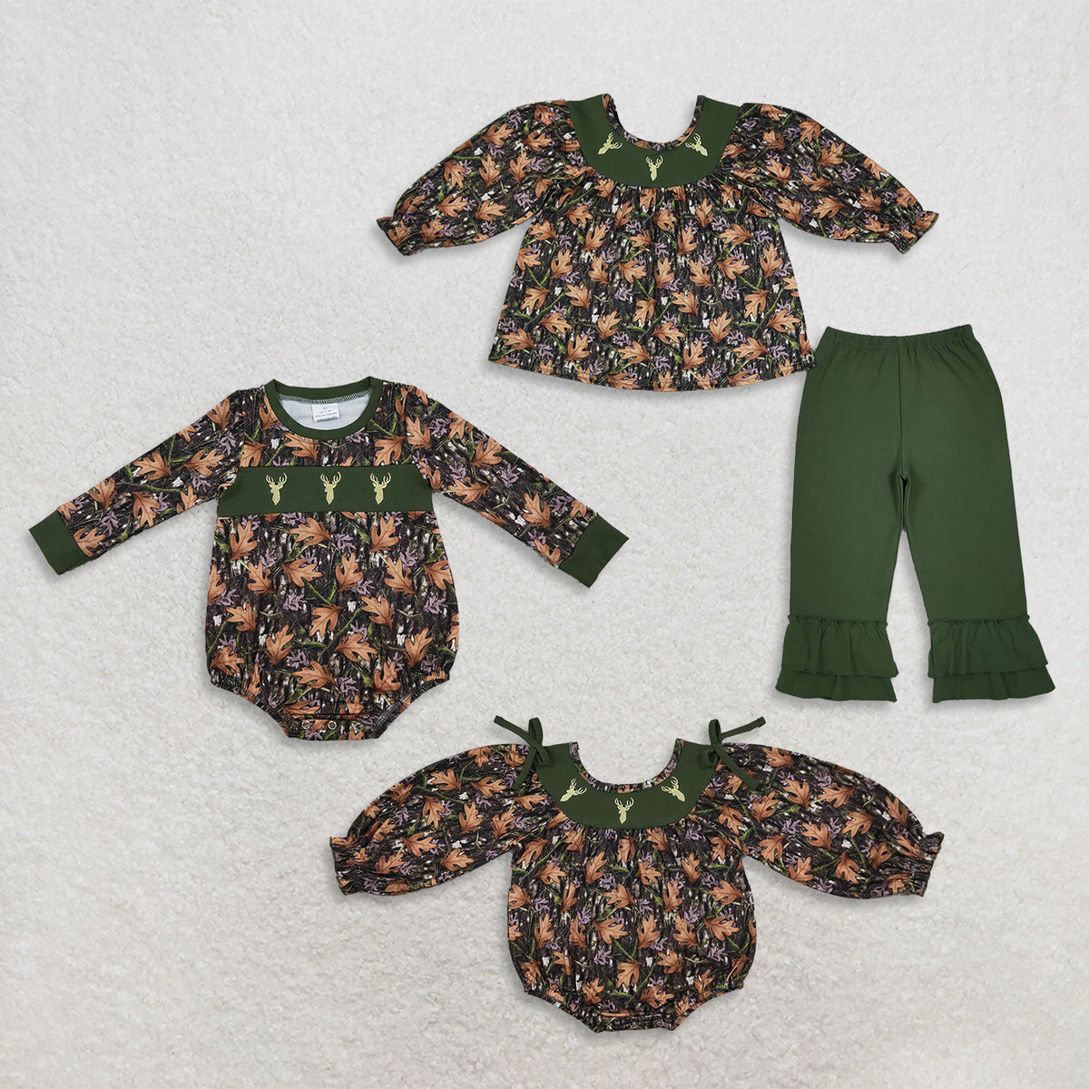 RTS NO MOQ Sibling milk silk Embroidery Baby Girls Fall Deer Leaf Print Top And Solid Green Ruffle Pants Set Bubble Romper