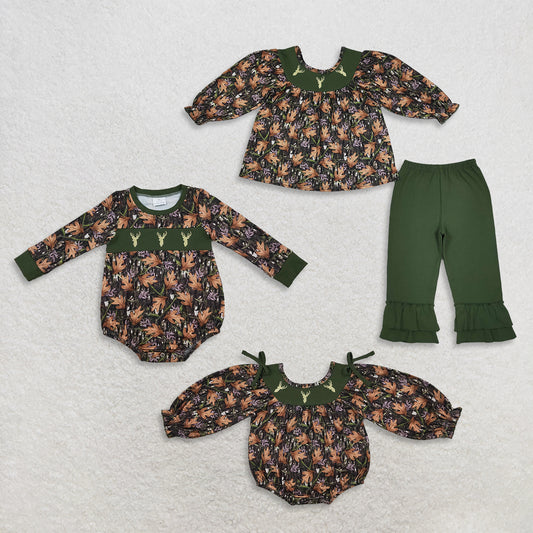 RTS NO MOQ Sibling milk silk Embroidery Baby Girls Fall Deer Leaf Print Top And Solid Green Ruffle Pants Set Bubble Romper