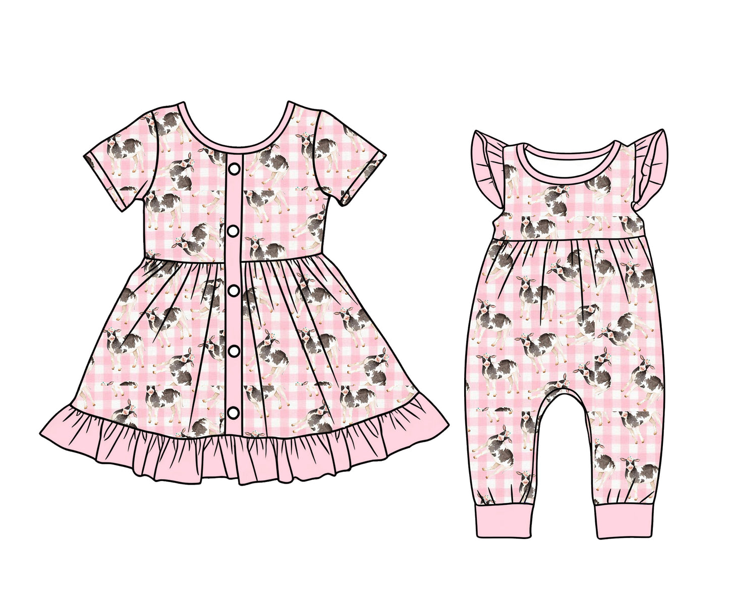 3.10 Custom moq 5 mix size Sibling Baby Girls Pink Short Sleeves Ruffle Knee-Length Dress Flying Sleeves Romper