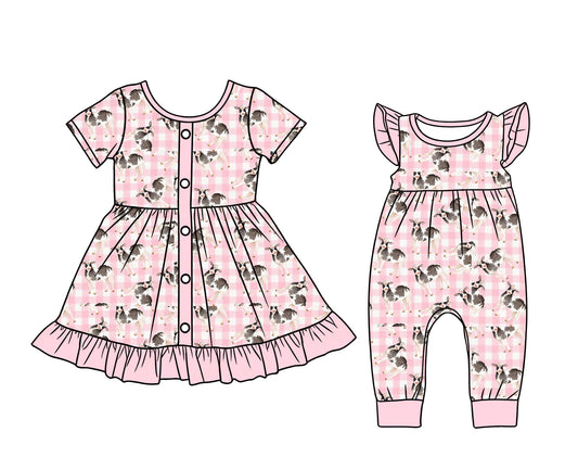 3.10 Custom moq 5 mix size Sibling Baby Girls Pink Short Sleeves Ruffle Knee-Length Dress Flying Sleeves Romper