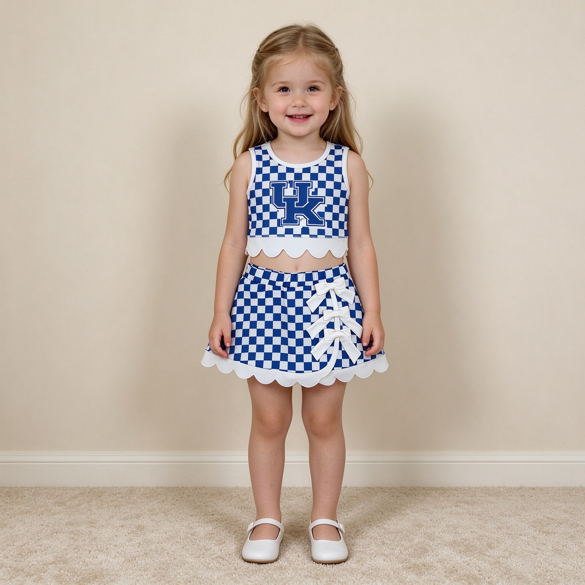 NEW RTS NO MOQ yoga fabric GSD4283 Yoga Baby Girls Blue Checked Sleeveless Vest Bows Skirt Short Scallop Yoga Set