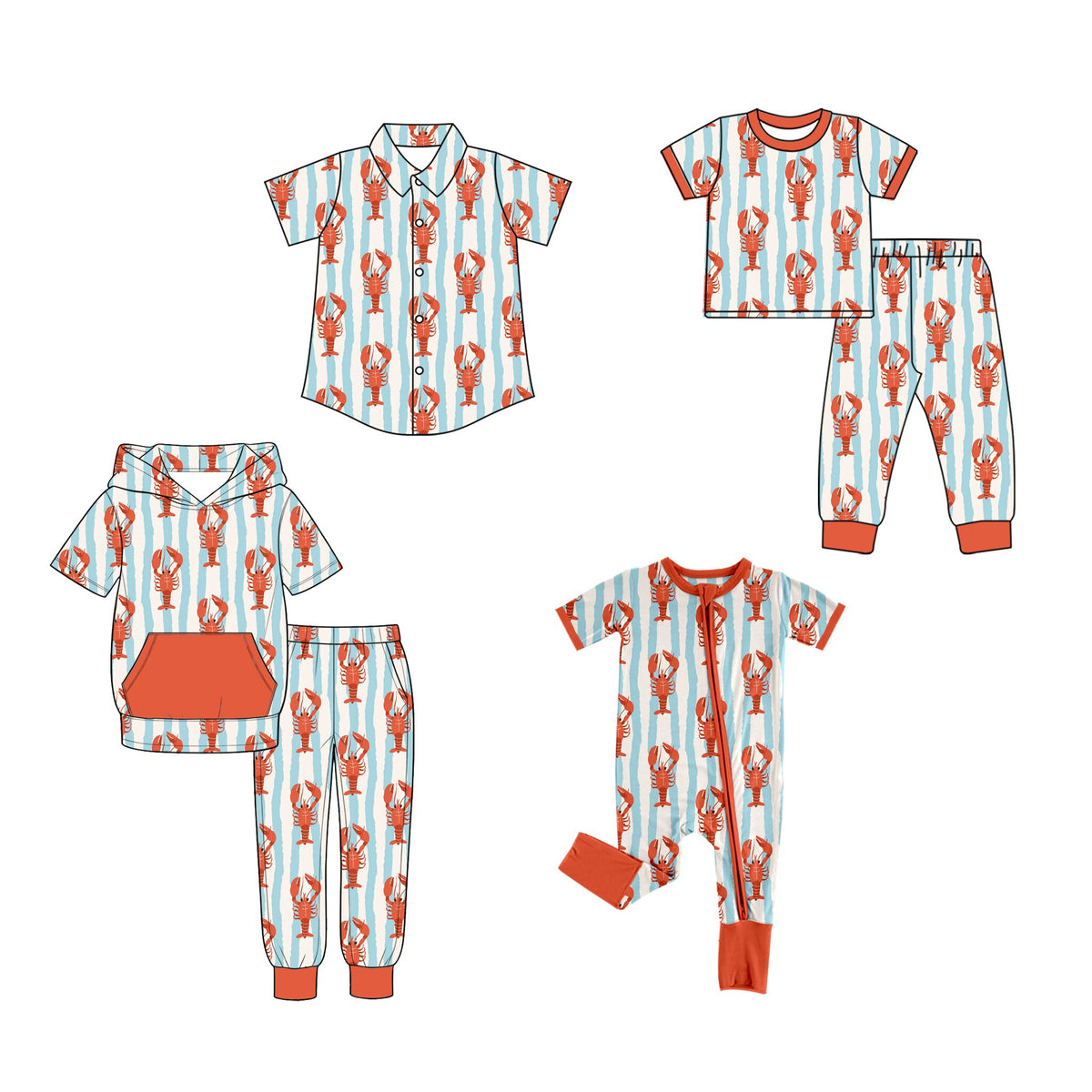 (Preorder new) No moq Baby Boys Crawfish Stripe Print Family Matching Outfit Short Sleeve Pajama Set
