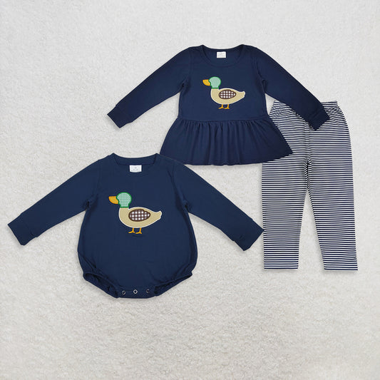 RTS Sibling baby girls clothes Embroidery duck long Sleeve pants sets and romper