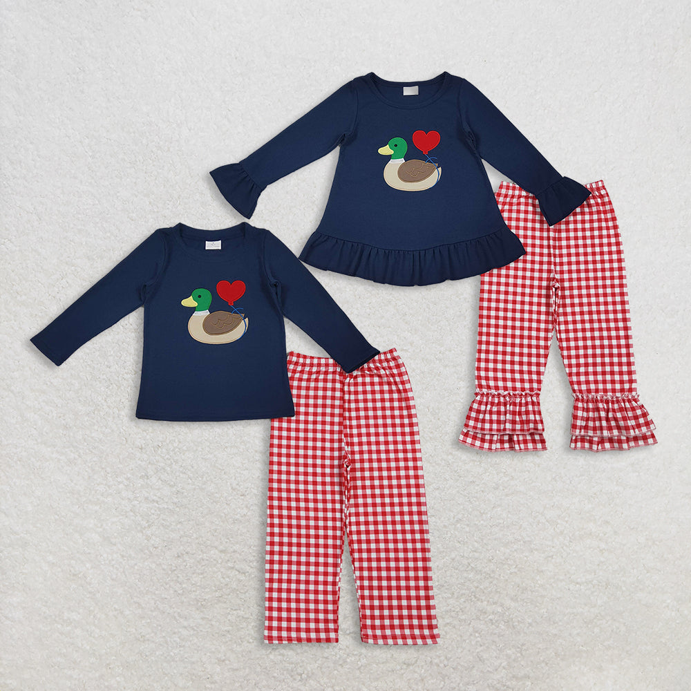 RTS NO MOQ Sibling baby boy girl clothes valentine embroidery love Long Sleeve Pants Sets