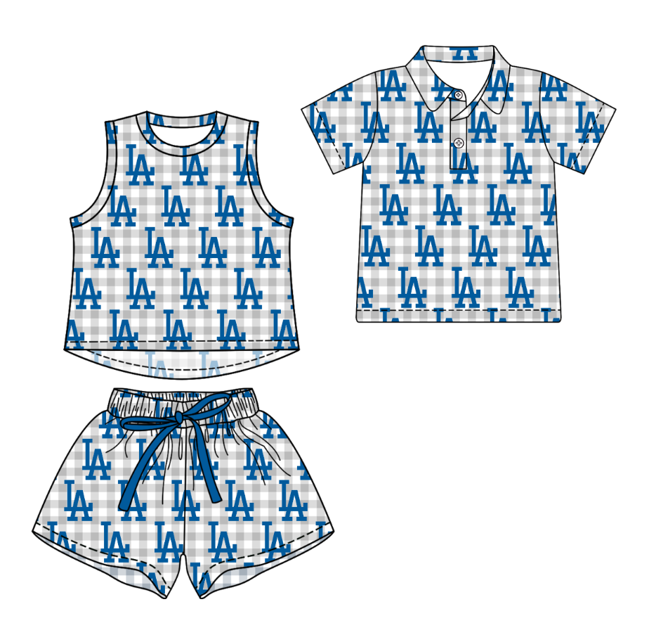 Custom moq 5 mix size milk silk summer teams Grey Checked Girls Sleeveless Top And Short Sets Boys Short Sleeve Button Polo Shirt Top