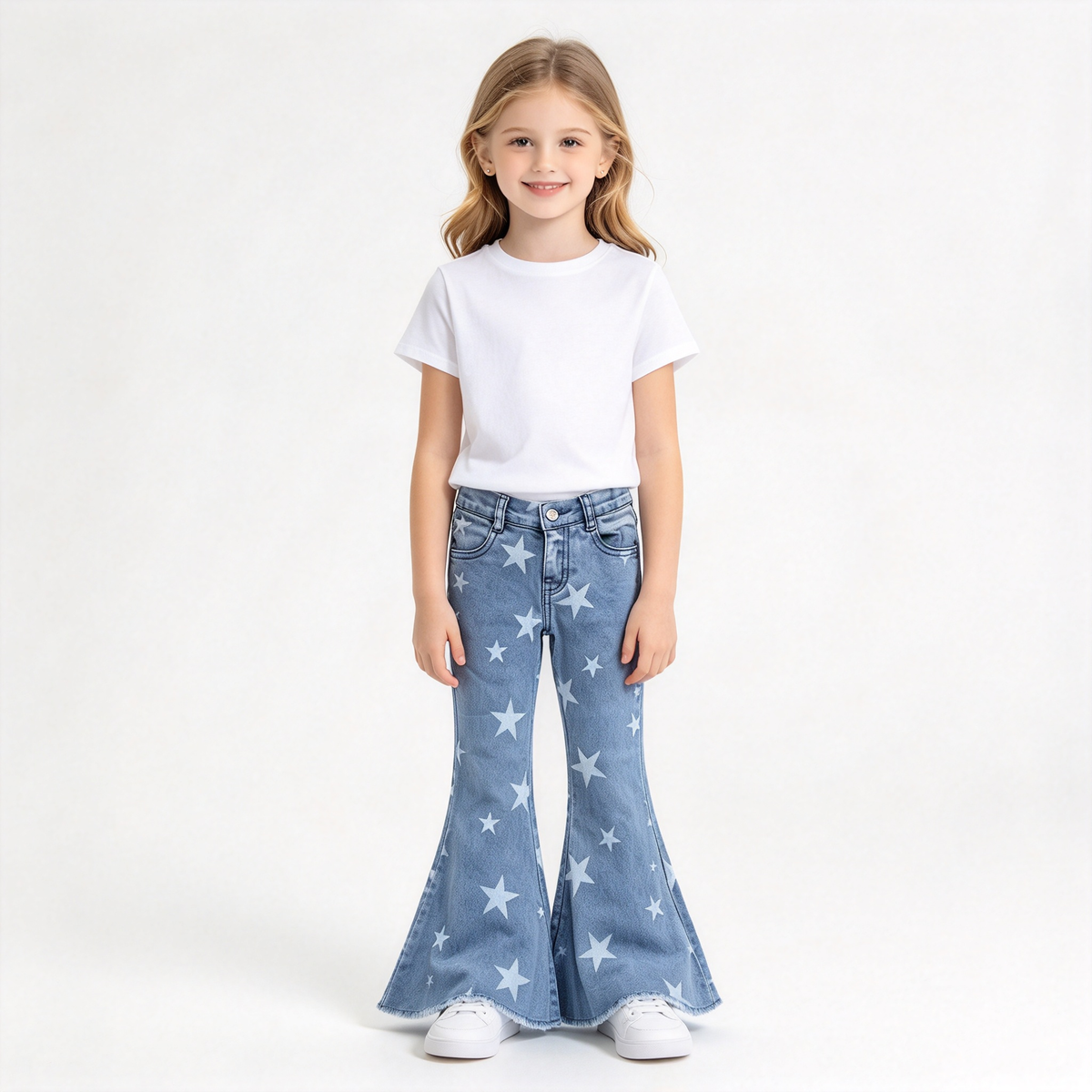 RTS NO MOQ Sibling Denim Baby Girls Heart And Star Print Denim Bell Bottom Flare Pants