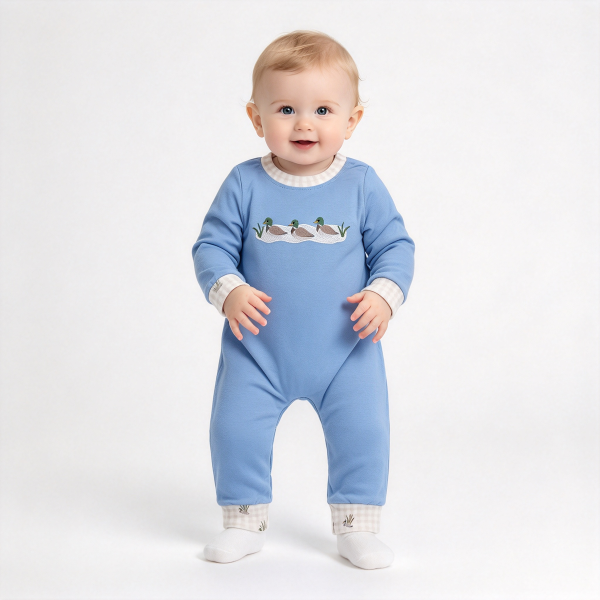 RTS NO MOQ Sibling milk silk Embroidery Duck Pocket Baby Boys Long Sleeve Checked Rompers