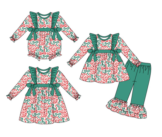 25.6.5 custom each style moq 5eta 4-6week Sibling Sisters Christmas bow baby girl long sleeve pants sets and dress and rompers match family design