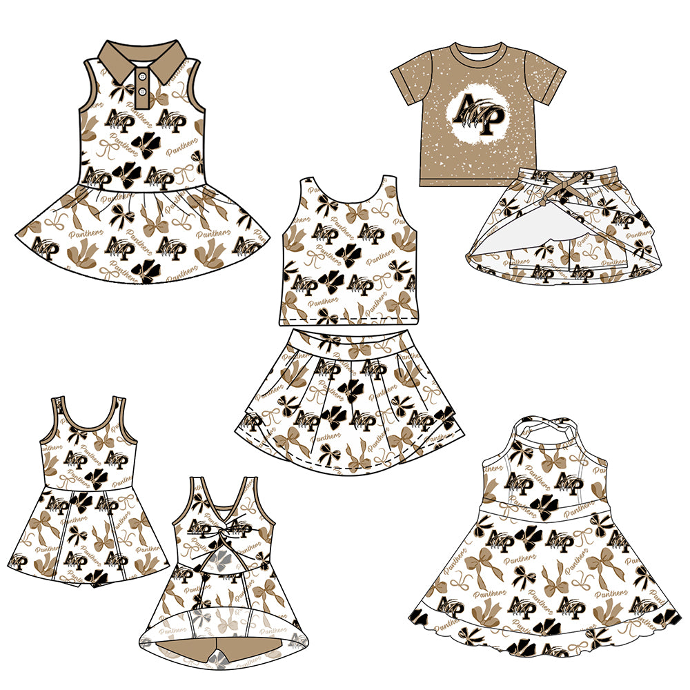Custom moq 5 mix sizes summer teams baby girls clothes team khaki short sleeve skirts shorts sets 1 and skirts sets 2 and dress 1 and dress 2 and dress 3 and dress 4-25.6.11