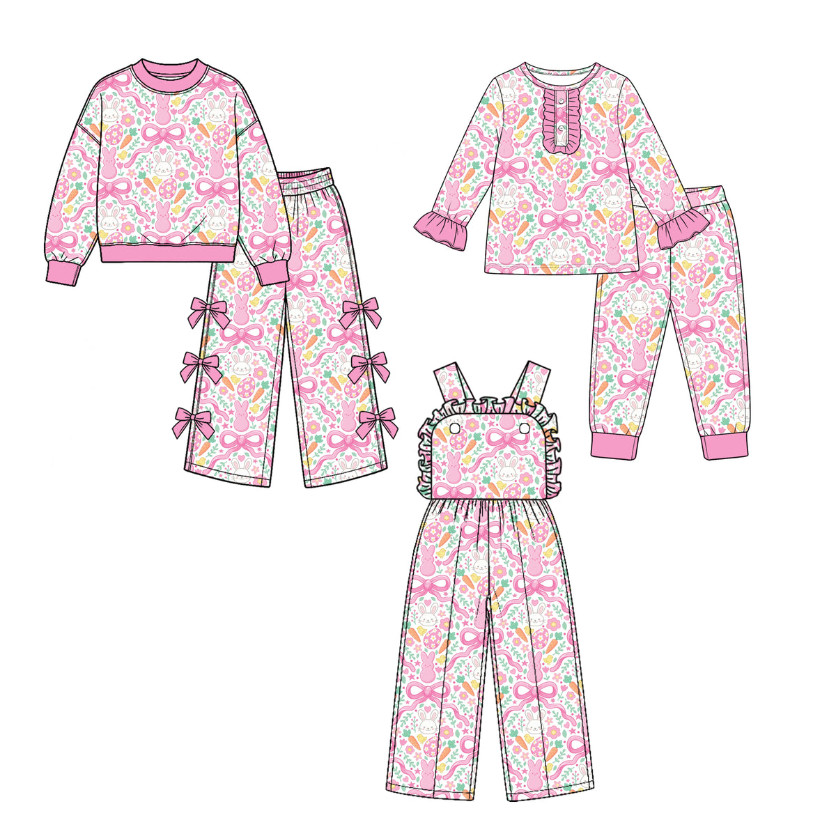 (Preorder new) No moq Baby Girls Pink Easter Bunny Bow Floral Print Long Sleeve Top Pants Jumpsuit Outfit Set