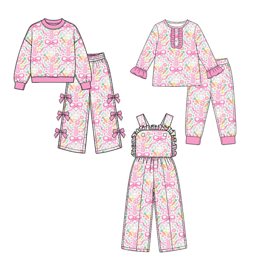 (Preorder new) No moq Baby Girls Pink Easter Bunny Bow Floral Print Long Sleeve Top Pants Jumpsuit Outfit Set