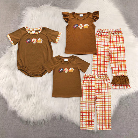 RTS NO MOQ Sibling Baby girls clothes Embroidery turkey short-sleeved trousers suit & rompers