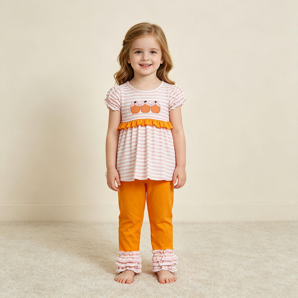NEW RTS NO MOQ milk silk GSPO2337  Embroidery Baby Girls Bow Pumpkin Print Stripe Long Sleeve Tunic Top Ruffle Pant Set