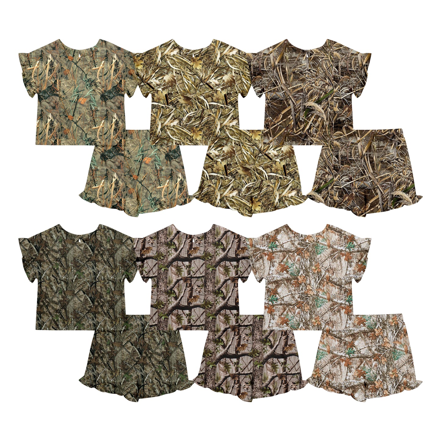 Custom moq 5 mix size Sibling Baby Girl Dead Leaf Camouflage Short-Sleeved Top And Shorts Set Cute  Clothing for Little Ones