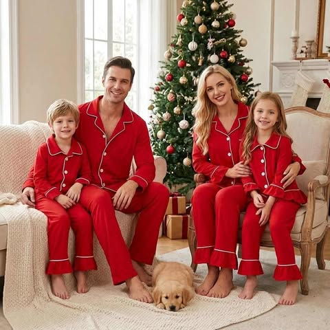 (Preorder new) No moq Adult To Match Kids Solid Red Christmas Long Sleeve Collared Button Down Pajama Holiday Set
