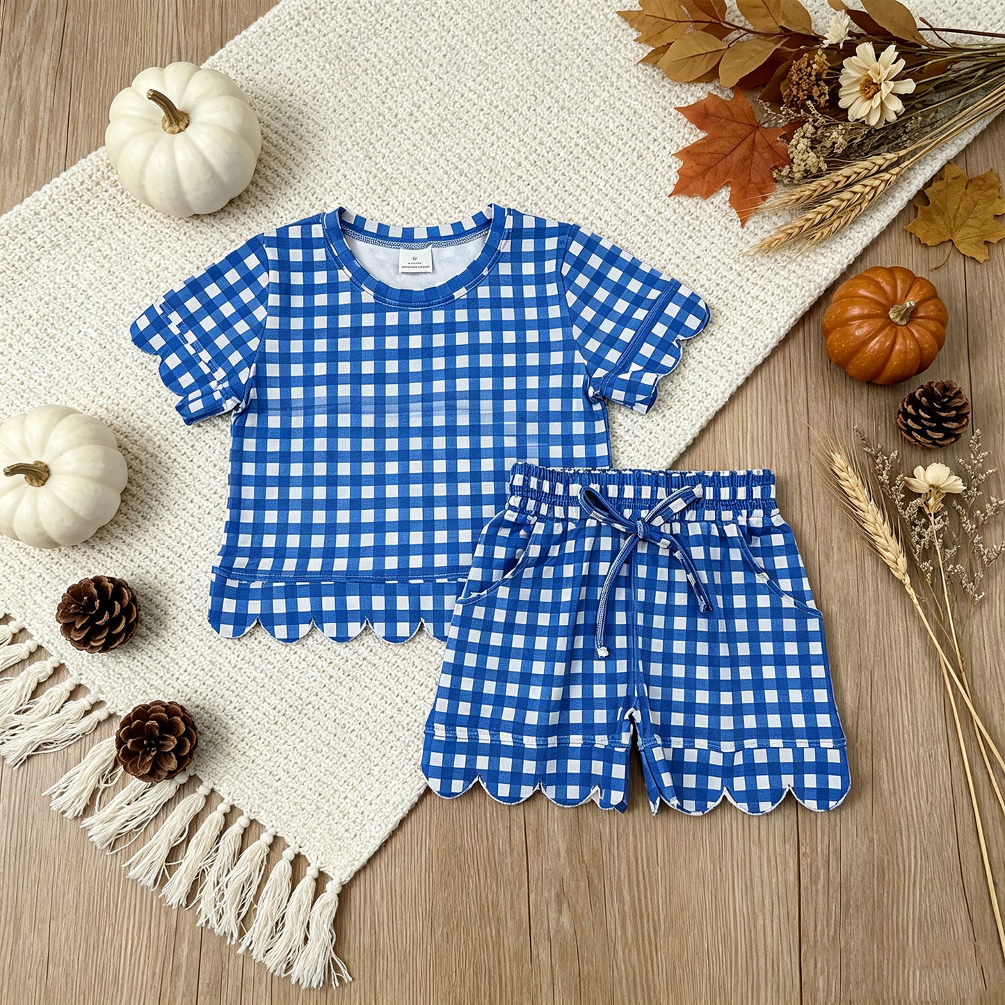 NEW RTS NO MOQ milk silk GSSO3837 Baby Girls Blue Plaid Short Sleeve Shirt Scallop Hem Shorts Set