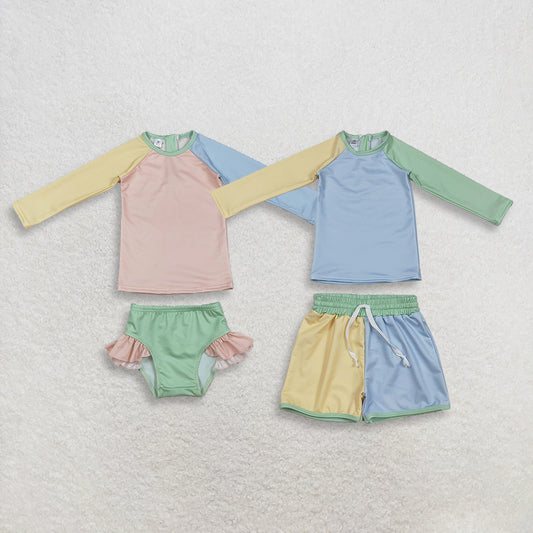 RTS NO MOQ Sibling Boys' Long Sleeve Yellow Aqua Blue Shirt Top with Shorts Girls' Yellow Aqua Blue Pink Patchwork Top with Ruffle Bummies Swimsuit Set