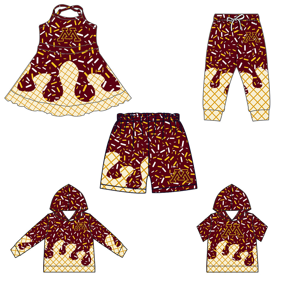 Custom summer teams baby girls clothes team brick red hooded long sleeve tops and short sleeve top and dress and pants and shorts-25.5.30