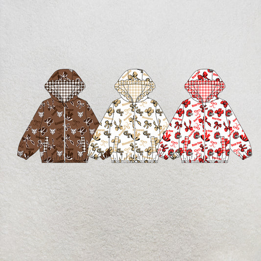 custom moq 5 mix size MSD072703 Baby Girls Bow Print White Long Sleeve Zip Hooded Team Jacket Top