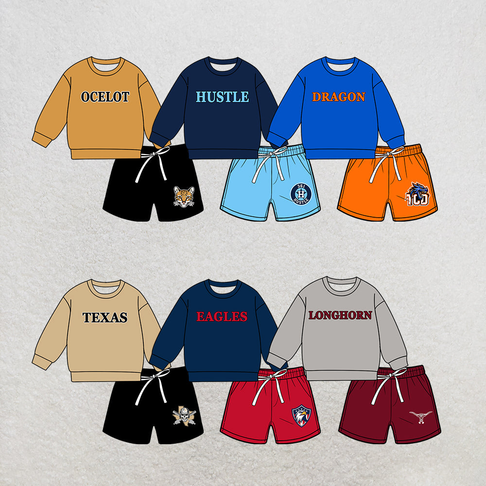 custom moq 5 mix size MSD071003 Baby Kids Long Sleeve Top Drawstring Shorts Team Clothes Set