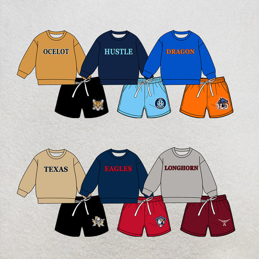 custom moq 5 mix size MSD071003 Baby Kids Long Sleeve Top Drawstring Shorts Team Clothes Set