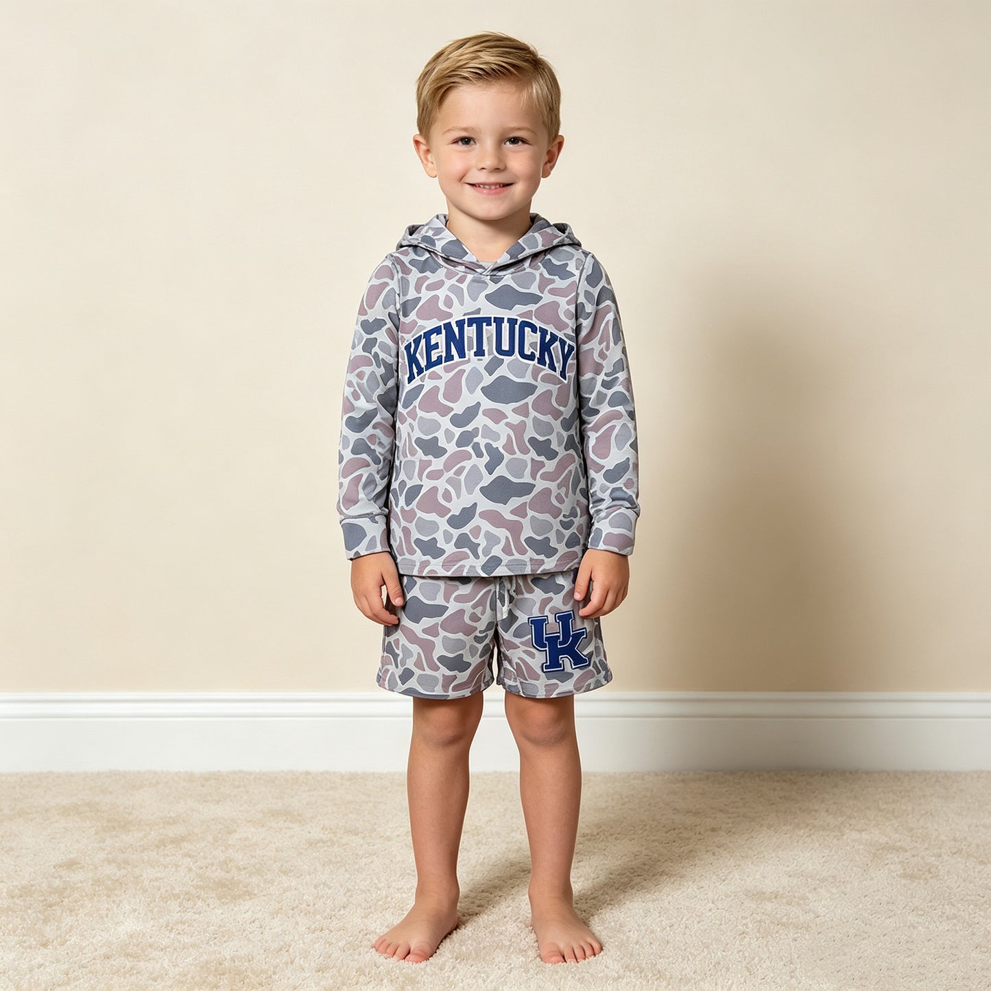 NEW RTS NO MOQ milk silk BLS0043 Baby Boys Grey Camo Navy Blue Letter Print Long Sleeve Hoodie Casual Shorts Team Daily Set
