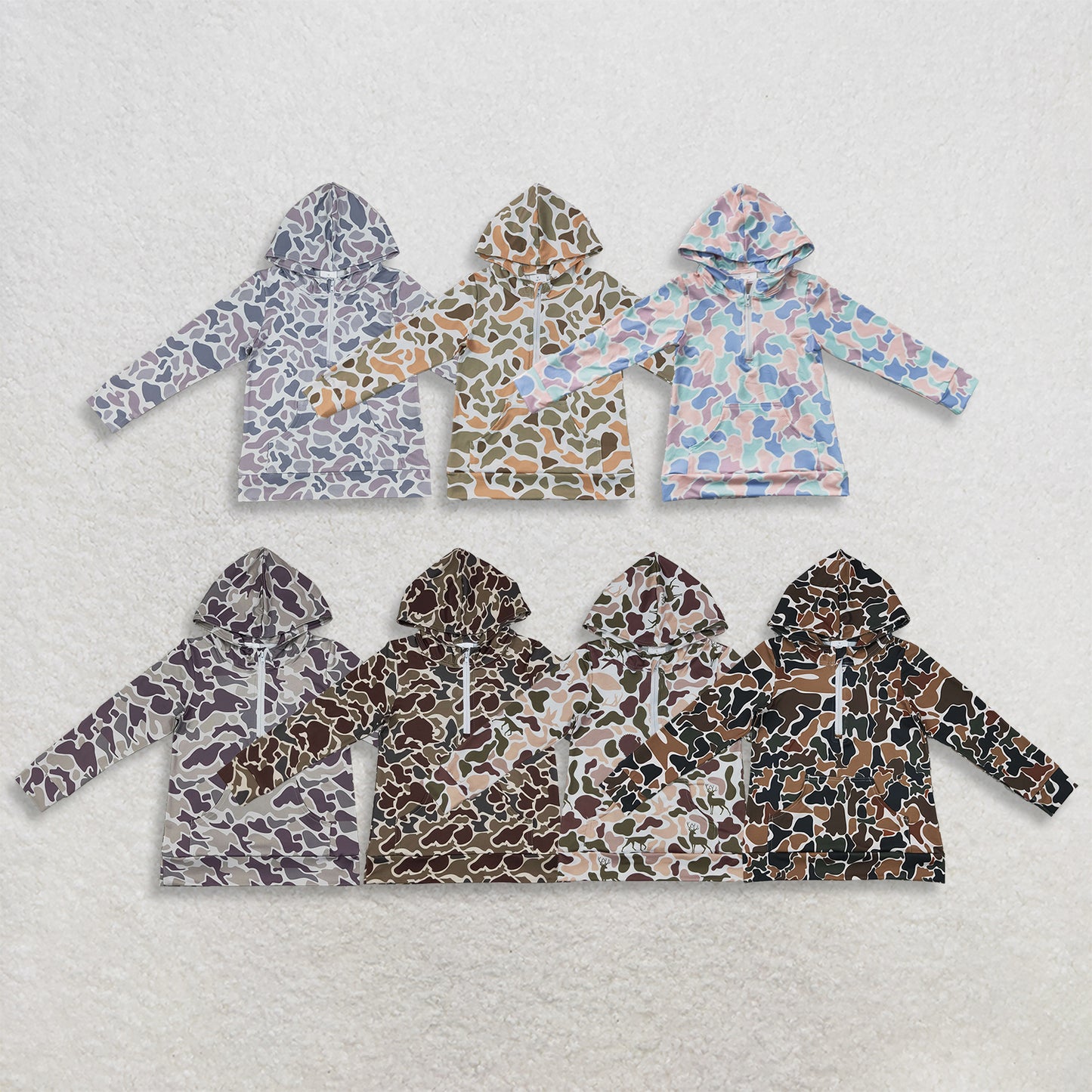RTS NO MOQ Sibling milk silk Toddler Boys Camo Print Long Sleeve Hooded Top Zip Pocket Casual Fall Pullover