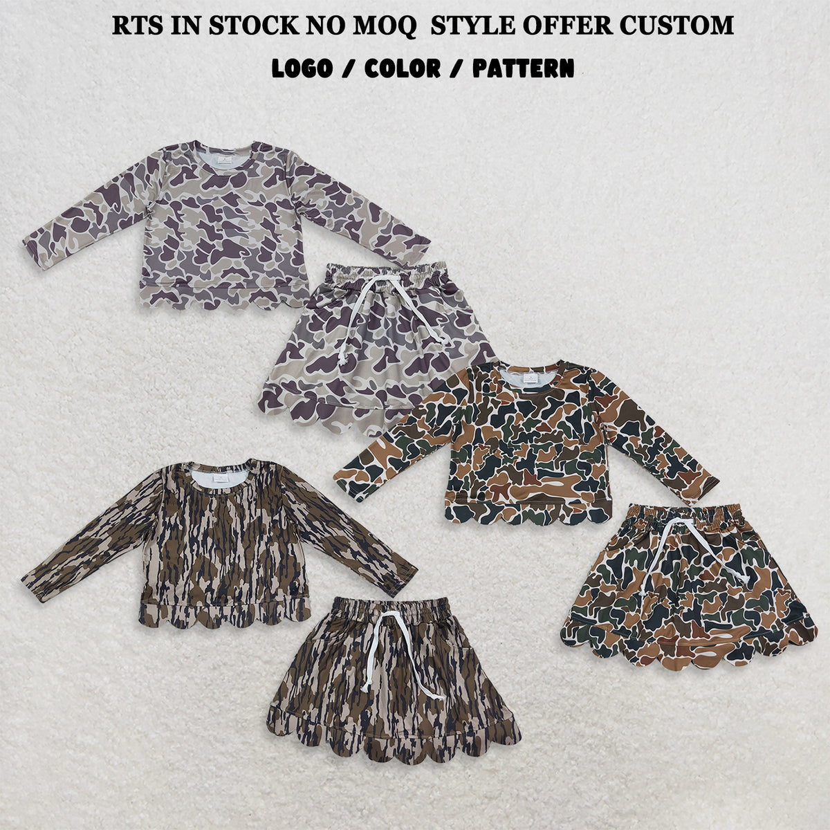 RTS NO MOQ Sibling milk silk Baby Girls Long Sleeve Camo Top Skirt Short Scallop Outfit