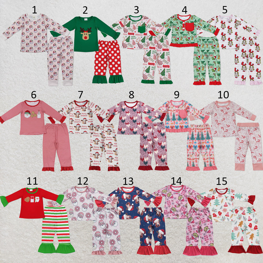 RTS NO MOQ Sibling milk silk Baby Girls Christmas Deer Printed Long Sleeve Top Pocket Pants Home Sleep Outfit Set