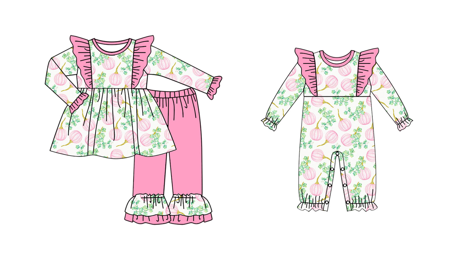 25.6.3 custom each style moq 5eta 4-6week Sibling Sisters pumpkin pink baby girl long sleeve pants sets and rompers match family design