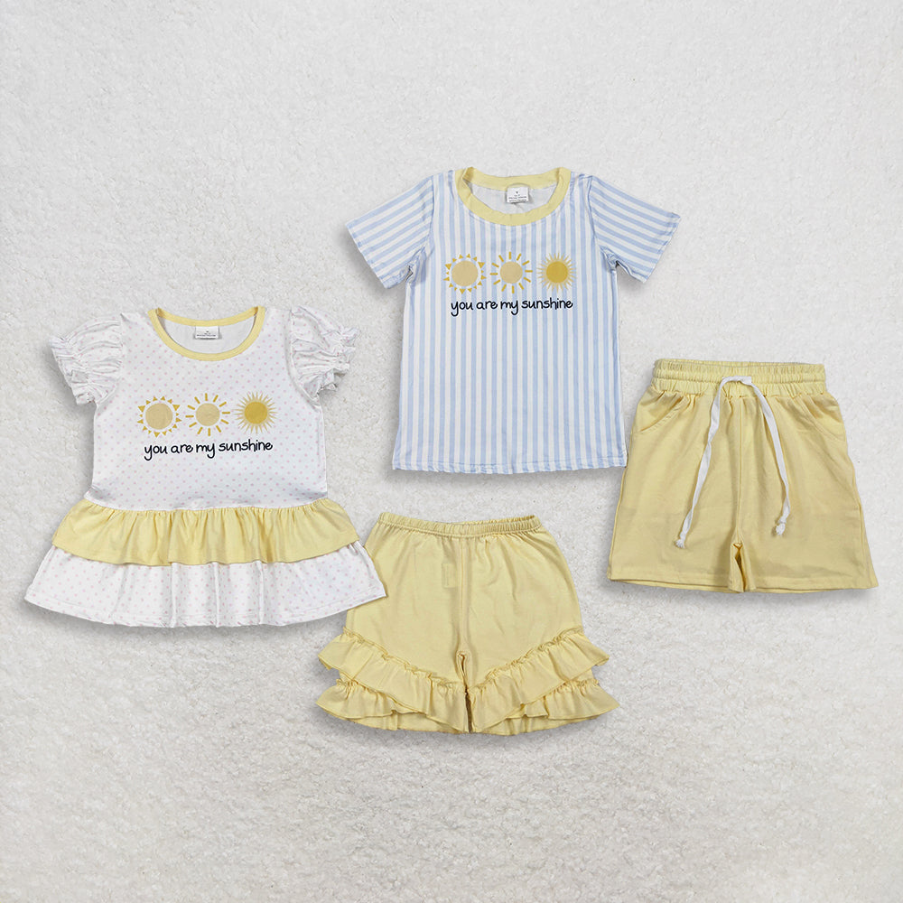 RTS NO MOQ Sibling Baby Boys Girls 'You Are My Sunshine' Striped Top with Pockets And Shorts Clothing Set