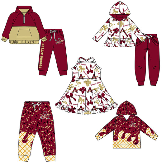 Custom moq 5 mix size milk silk summer teams baby girls clothes bow brick red hooded long sleeve pants sets and boy sets and dress and hooded top and pant-25.8.15