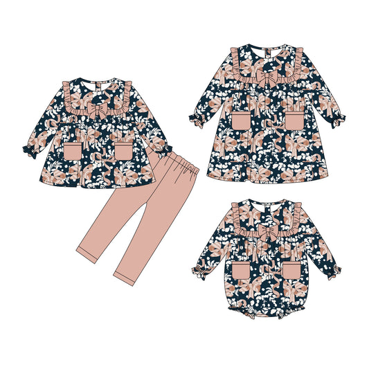 25.10.3 custom each style moq 8 eta 6-8week Sibling Sisters floral bow baby girl long sleeve pants sets and dress and rompers match family design