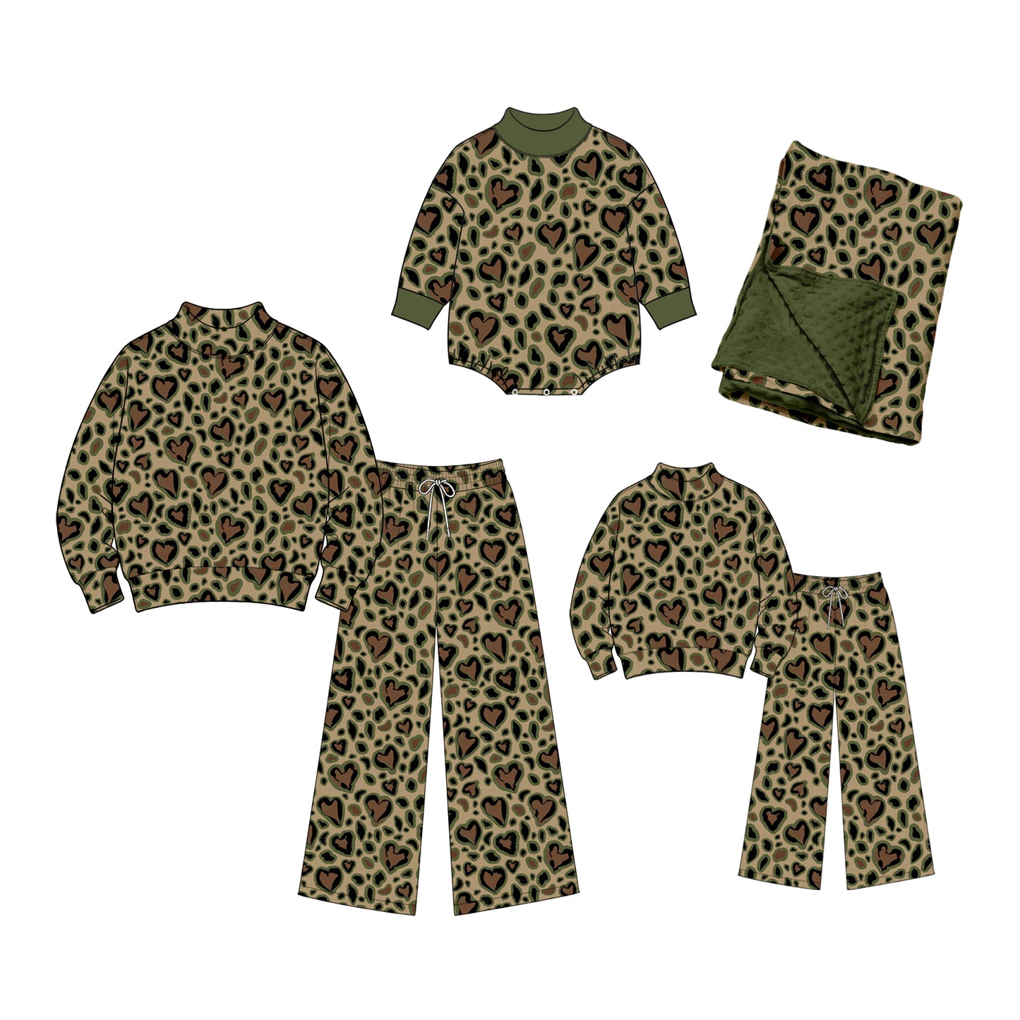 (Preorder new) No moq Adult To Match Kids Green Heart Leopard Print Mock Neck Long Sleeve Romper Sweatshirt Wide Leg Pants And Blanket