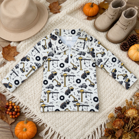 NEW RTS NO MOQ milk silk BT1835 Baby Boys Long Sleeve Excavators Print Zip Pockets Pullovers Casual Top