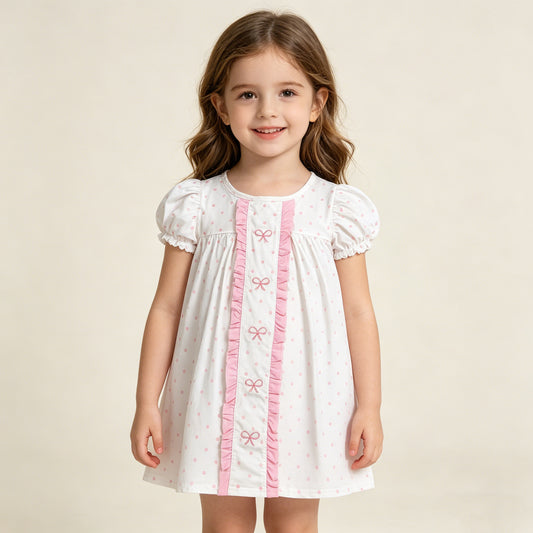 RTS NO MOQ GSD3312 Toddler Girls Sweet Embroidery Bows Pink Polka Dot Knee Length Dresses