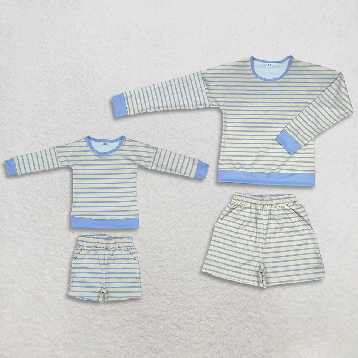 RTS NO MOQ Sibling yoga fabric Adult To Match Kids Blue Cream Striped Long Sleeve Top Elastic Waist Shorts Clothes Set