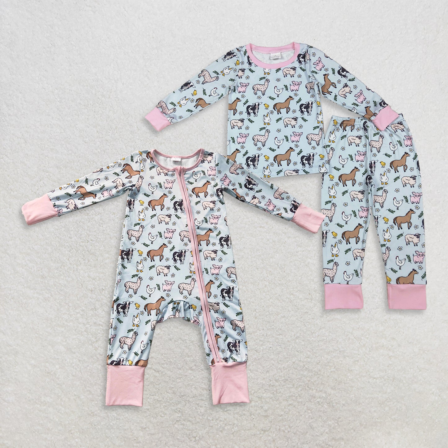 RTS NO MOQ Sibling milk silk Baby Girls Cute Farm Animal Cow Chick Long Sleeve Top Elastic Waist Pants Sleep Set Two Way Zip Convertible Rompers
