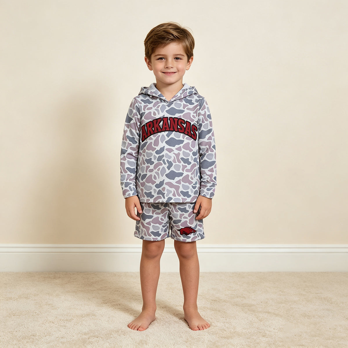 NEW RTS NO MOQ milk silk BLS0046 Baby Boys Grey Camo Letter Print Long Sleeve Hoodie Tops Shorts Team Clothes Set
