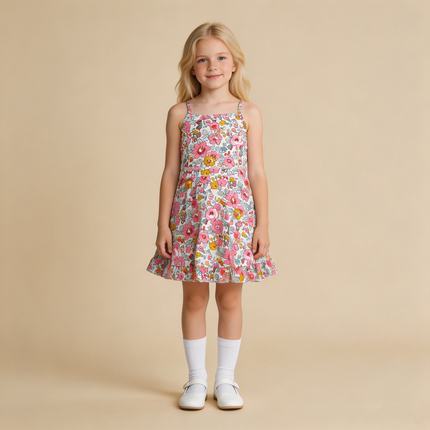 RTS NO MOQ yoga fabric GSD2278 Baby Girls Pink Strap Colorful Floral  Active Ruffle Knee Length Dresses