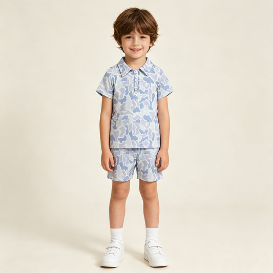 RTS NO MOQ milk silk BSSO2036（BT1766+SS0886）Baby Boys Fashion Southern Camo Light Grey Polo Top Shorts Se