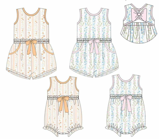 (Pre Order) No moq Baby Girls Colorful Floral Stripe Jumpsuit Sleeveless Ruffle Romper with Back Bow Pockets for Infants