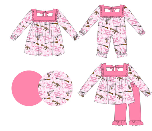 25.5.17 custom each style moq 5eta 4-6week Sibling Sisters gun baby girl long sleeve pants sets and dress and rompers match family design